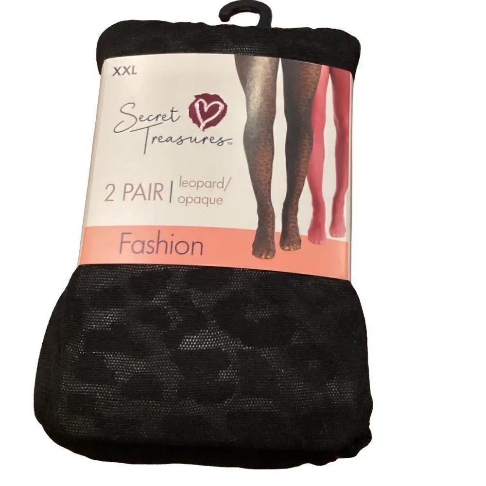 New Secret Treasures Women's Leopard/Opaque Tights, 2 Pair Pack XXL